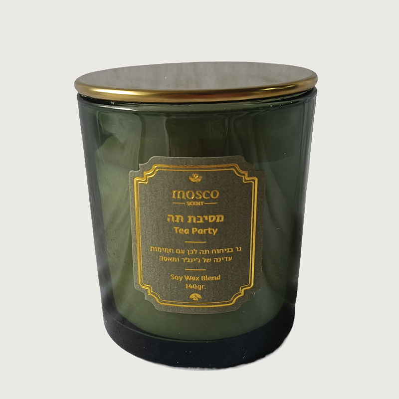 נר ריחני בכלי זכוכית ירוק בניחוח מסיבת תה 140 גרם