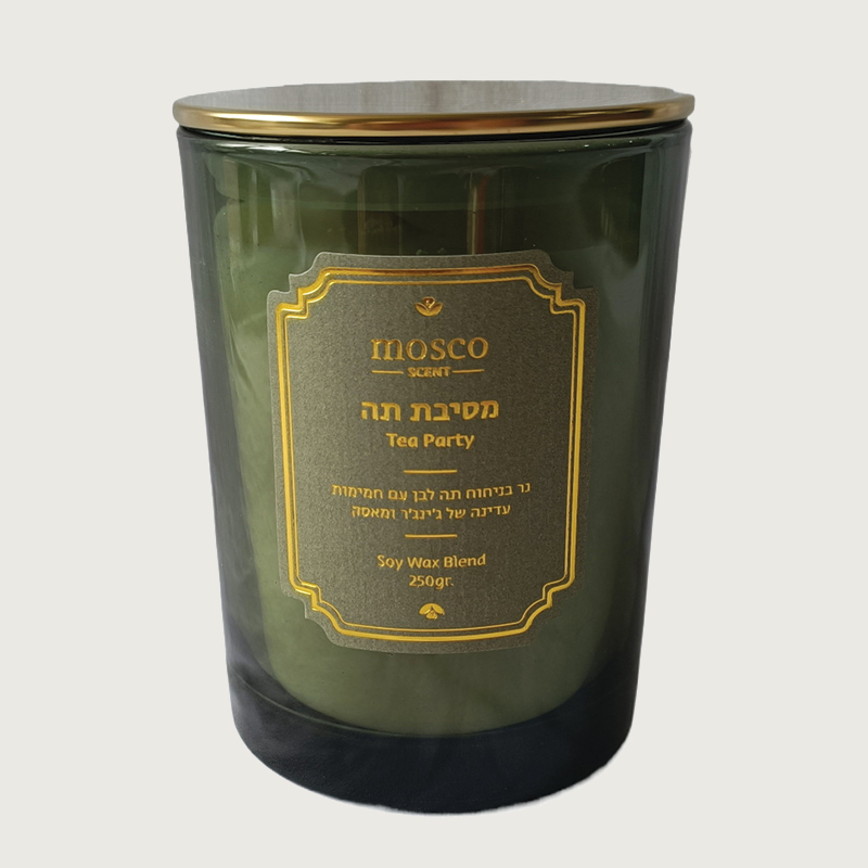 נר ריחני בכלי זכוכית ירוק בניחוח מסיבת תה 250 גרם
