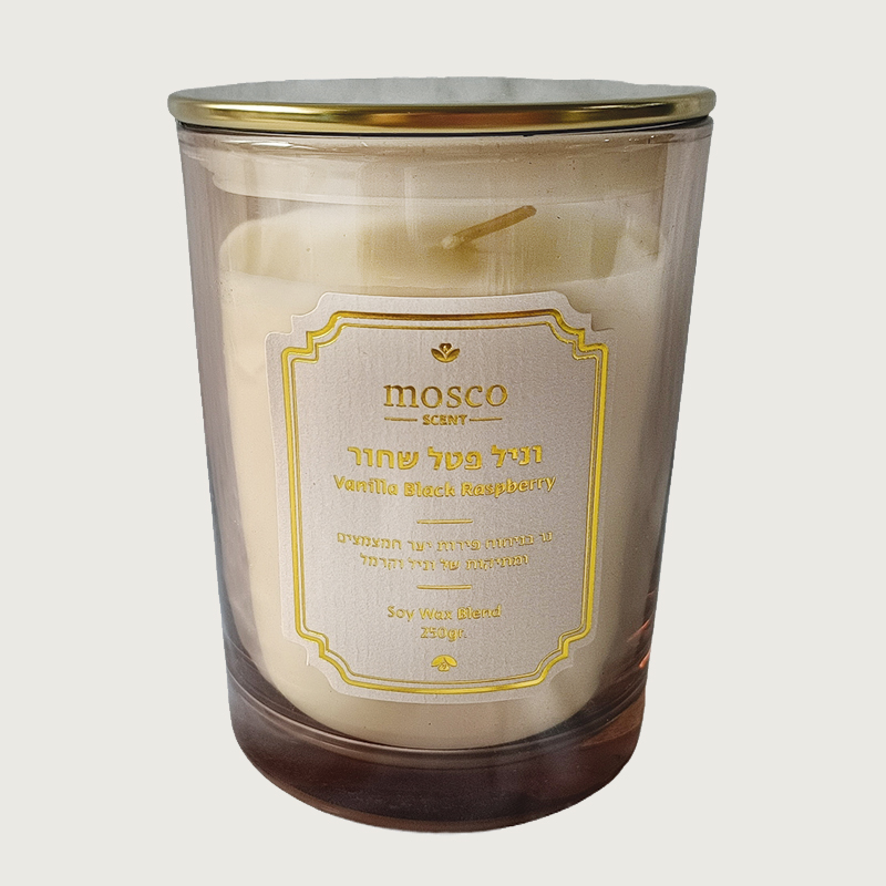 נר ריחני בכלי זכוכית סגול בניחוח וניל פטל שחור 250 גרם